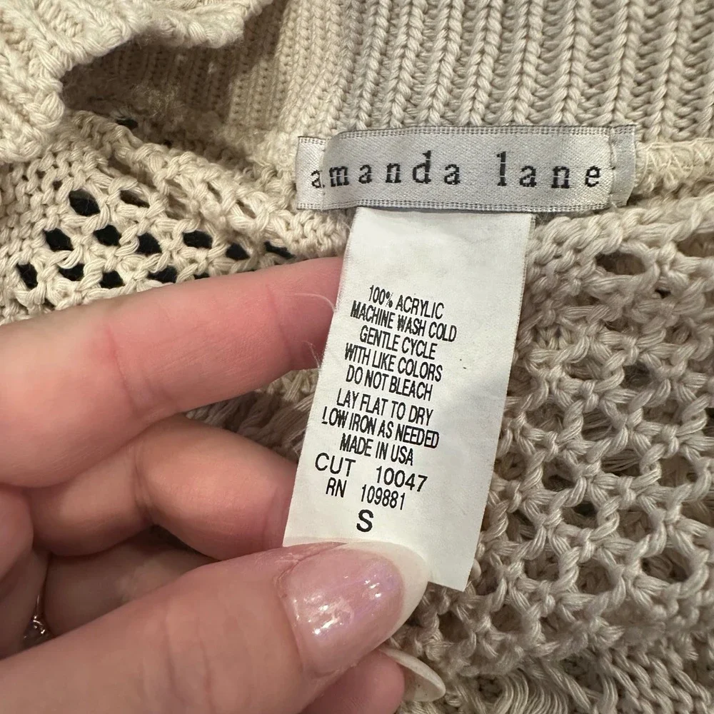 Amanda Lane Womens Small Cream Crochet Shrug Open Cardigan Short Sleeve Boho Y2K